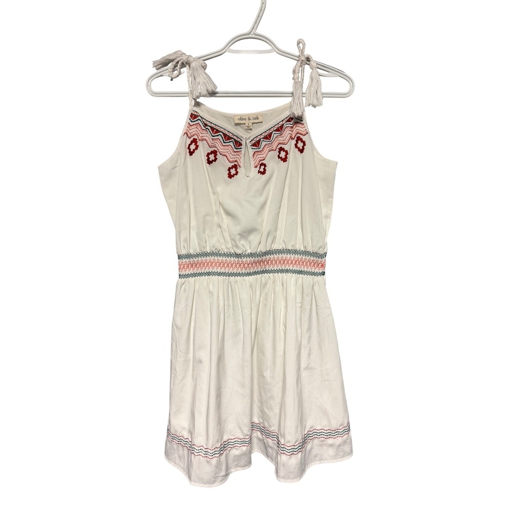 Olive & Oak White Embroidered Tassel Tie Mini Dress Small Boho LV 4S 7880
